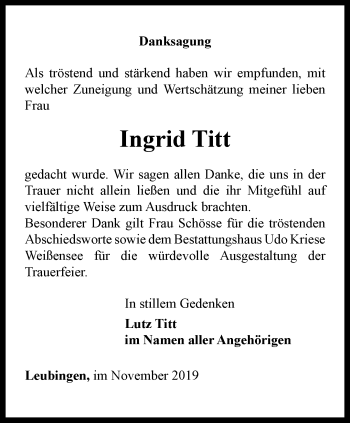 Traueranzeige von Ingrid Titt von Thüringer Allgemeine