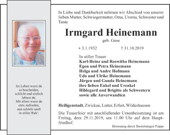 Traueranzeige von Irmgard Heinemann von Thüringer Allgemeine