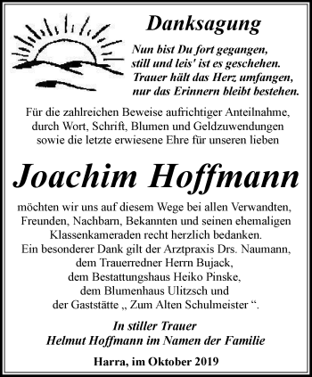 Traueranzeige von Joachim Hoffmann von Ostthüringer Zeitung