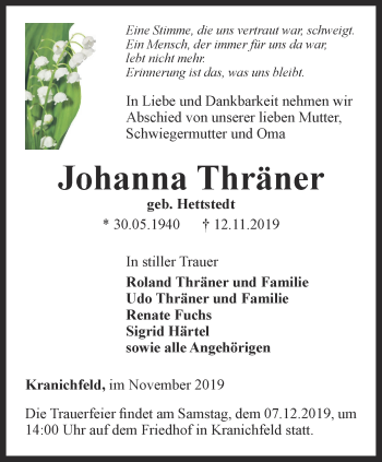 Traueranzeige von Johanna Thräner von Thüringer Allgemeine, Thüringische Landeszeitung