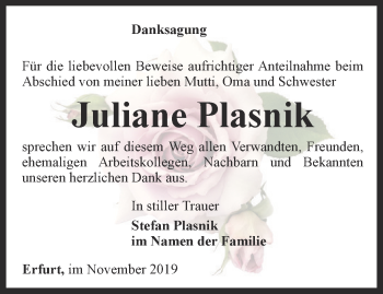 Traueranzeige von Juliane Plasnik von Thüringer Allgemeine, Thüringische Landeszeitung
