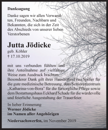 Traueranzeige von Jutta Jödicke von Thüringer Allgemeine