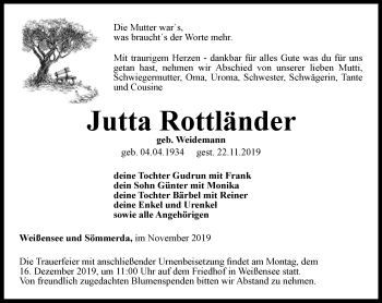 Traueranzeige von Jutta Rottländer von Thüringer Allgemeine