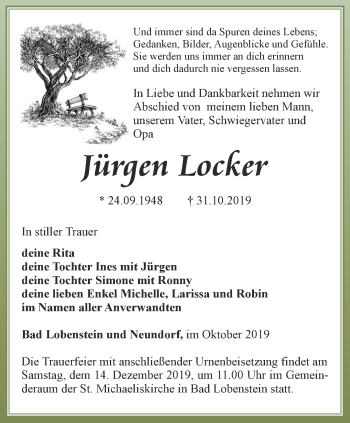 Traueranzeige von Jürgen Locker von Ostthüringer Zeitung