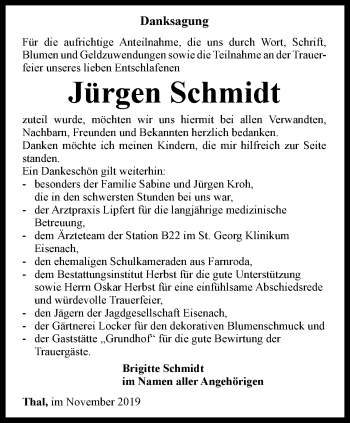Traueranzeige von Jürgen Schmidt von Thüringer Allgemeine, Thüringische Landeszeitung
