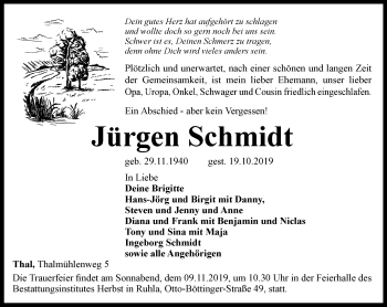 Traueranzeige von Jürgen Schmidt von Thüringer Allgemeine, Thüringische Landeszeitung