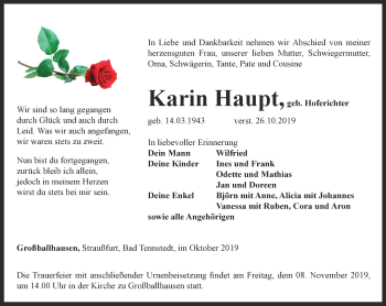 Traueranzeige von Karin Haupt von Thüringer Allgemeine, Thüringische Landeszeitung
