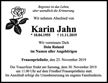 Traueranzeige von Karin Jahn von Ostthüringer Zeitung, Thüringische Landeszeitung