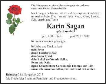 Traueranzeige von Karin Sagan von Ostthüringer Zeitung