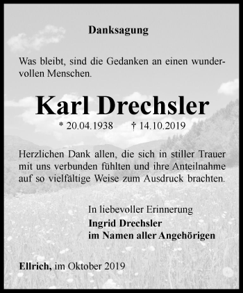 Traueranzeige von Karl Drechsler von Thüringer Allgemeine