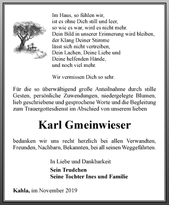 Traueranzeige von Karl Gmeinwieser von Ostthüringer Zeitung, Thüringische Landeszeitung