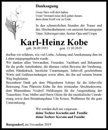 Traueranzeige von Karl-Heinz Kobe von Thüringer Allgemeine