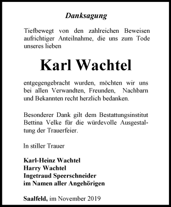 Traueranzeige von Karl Wachtel von Ostthüringer Zeitung