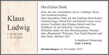 Traueranzeige von Klaus Ludwig von Thüringer Allgemeine