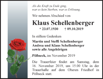 Traueranzeige von Klaus Schellenberger von Ostthüringer Zeitung