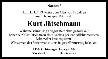 Traueranzeige von Kurt Jätschmann von Thüringer Allgemeine