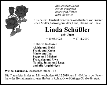 Traueranzeige von Linda Schüßler von Thüringer Allgemeine, Thüringische Landeszeitung