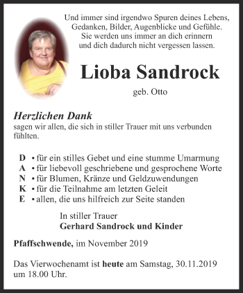 Traueranzeige von Lioba Sandrock von Thüringer Allgemeine