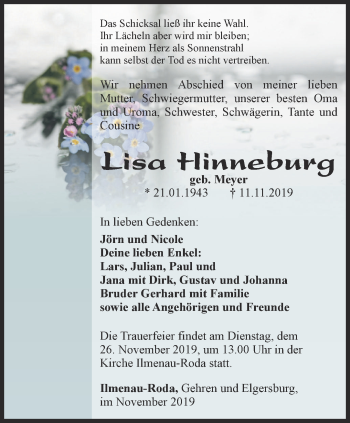 Traueranzeige von Lisa Hinneburg von Thüringer Allgemeine