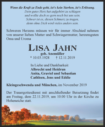 Traueranzeige von Lisa Jahn von Ostthüringer Zeitung