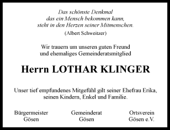 Traueranzeige von Lothar Klinger von Ostthüringer Zeitung