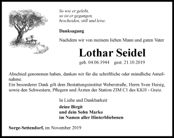 Traueranzeige von Lothar Seidel von Ostthüringer Zeitung