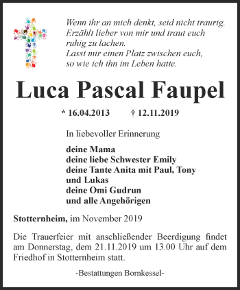 Traueranzeige von Luca Pascal Faupel von Thüringer Allgemeine, Thüringische Landeszeitung