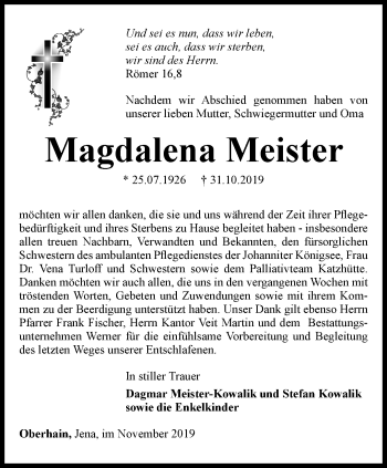 Traueranzeige von Magdalena Meister von Ostthüringer Zeitung