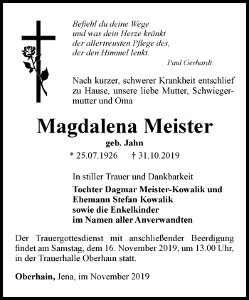 Traueranzeige von Magdalena Meister von Ostthüringer Zeitung