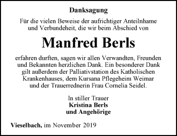 Traueranzeige von Manfred Berls von Thüringer Allgemeine, Thüringische Landeszeitung