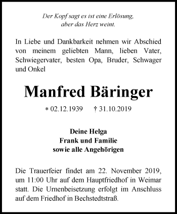 Traueranzeige von Manfred Bäringer von Thüringer Allgemeine, Thüringische Landeszeitung