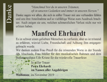Traueranzeige von Manfred Ehrhardt von Thüringer Allgemeine