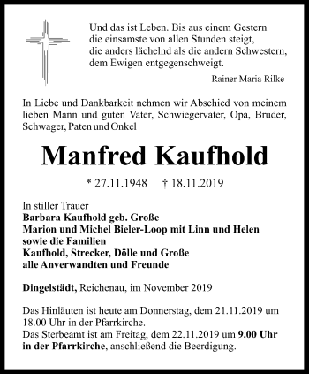 Traueranzeige von Manfred Kaufhold von Thüringer Allgemeine