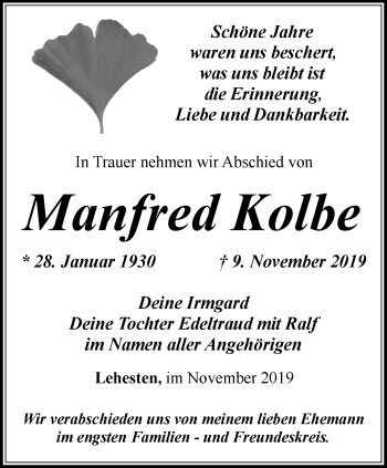 Traueranzeige von Manfred Kolbe von Ostthüringer Zeitung