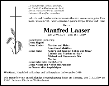 Traueranzeige von Manfred Laaser von Ostthüringer Zeitung