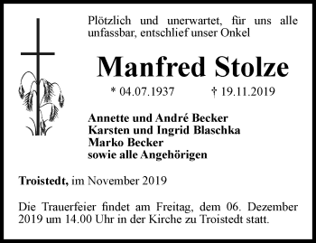 Traueranzeige von Manfred Stolze von Thüringer Allgemeine, Thüringische Landeszeitung
