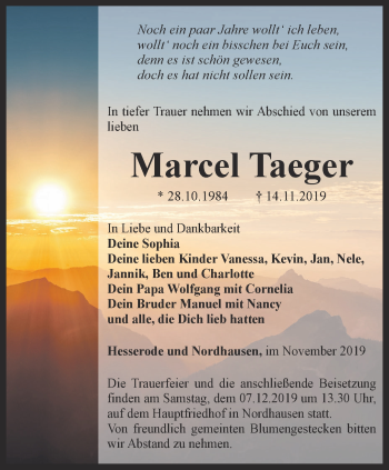 Traueranzeige von Marcel Taeger von Thüringer Allgemeine