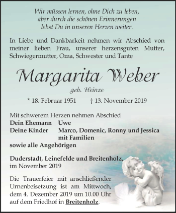 Traueranzeige von Margarita Weber von Thüringer Allgemeine