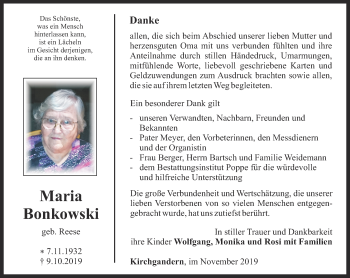 Traueranzeige von Maria Bonkowski von Thüringer Allgemeine