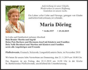 Traueranzeige von Maria Döring von Thüringer Allgemeine