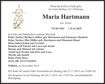 Traueranzeige von Maria Hartmann von Thüringer Allgemeine