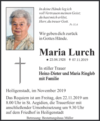 Traueranzeige von Maria Lurch von Thüringer Allgemeine