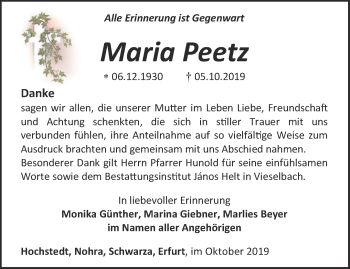 Traueranzeige von Maria Peetz von Thüringer Allgemeine, Thüringische Landeszeitung