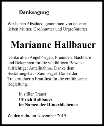 Traueranzeige von Marianne Hallbauer von Ostthüringer Zeitung