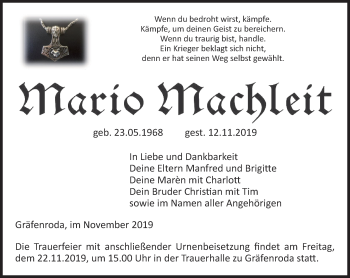 Traueranzeige von Mario Machleit von Thüringer Allgemeine