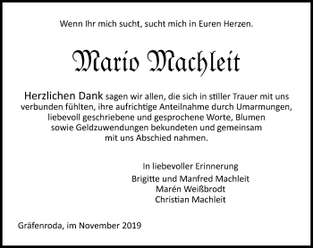 Traueranzeige von Mario Machleit von Thüringer Allgemeine