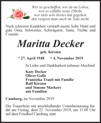 Traueranzeige von Maritta Decker von Ostthüringer Zeitung, Thüringische Landeszeitung