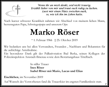 Traueranzeige von Marko Röser von Thüringer Allgemeine