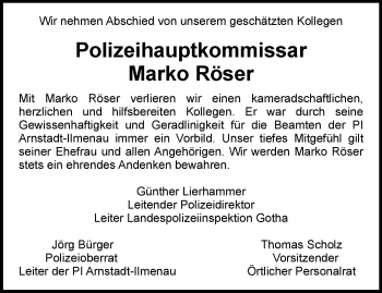 Traueranzeige von Marko Röser von Thüringer Allgemeine
