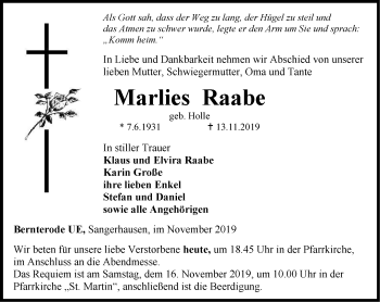 Traueranzeige von Marlies Raabe von Thüringer Allgemeine